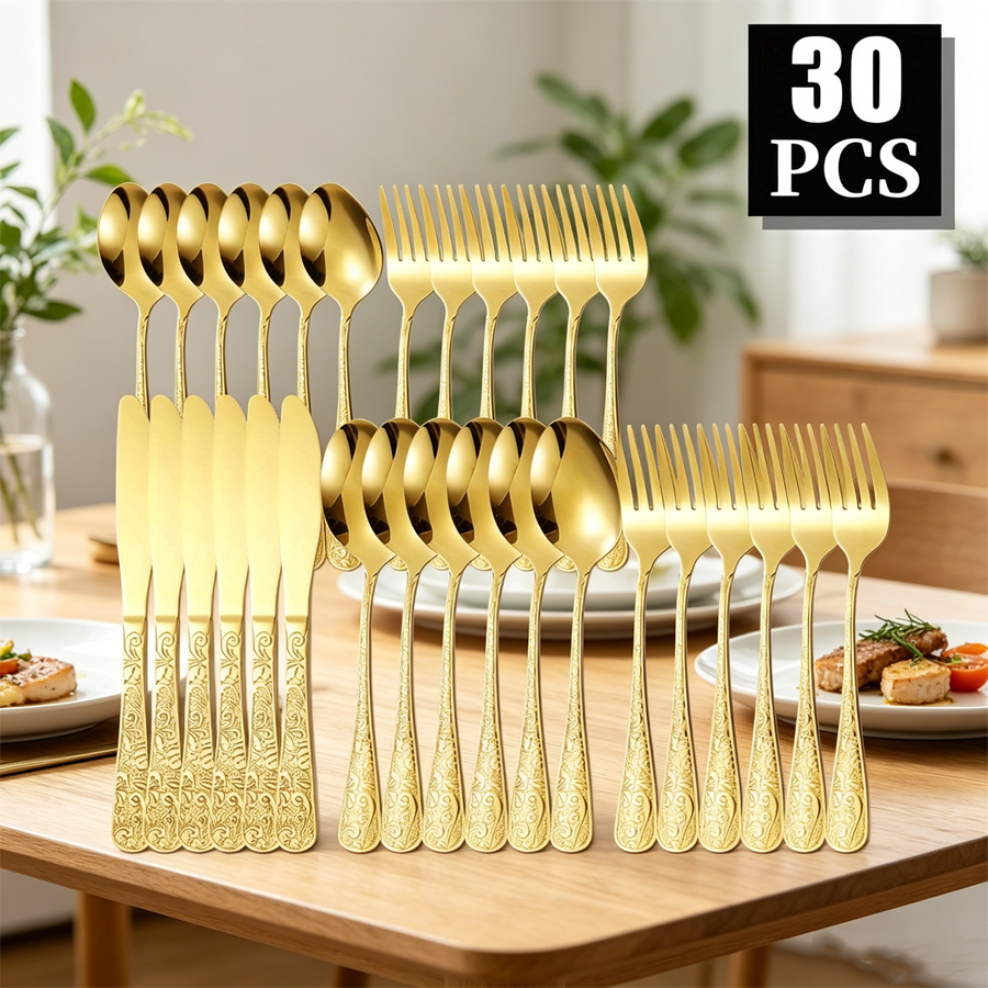 Gold Plated Cutlery - 30-piece stainless steel gold-plated cutlery set,